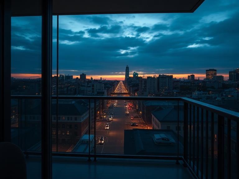 Sacada de apartamento fechada com painéis de vidro e vista para a cidade